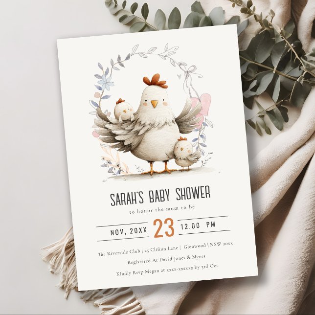 Cute Farm Mum and Baby Chick Floral Baby Shower Invitation (Creator Uploaded)