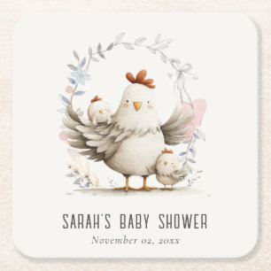 Cute Farm Mum and Baby Chick Floral Baby Shower Square Paper Coaster