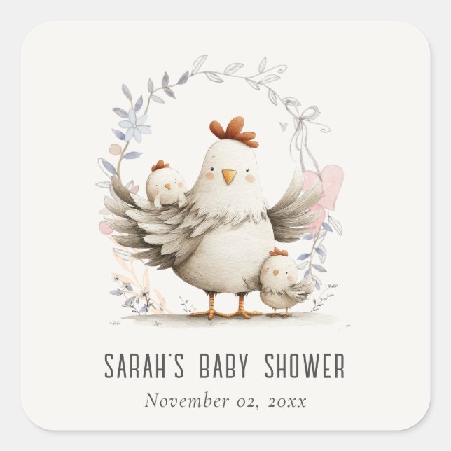 Cute Farm Mum and Baby Chick Floral Baby Shower Square Sticker (Front)