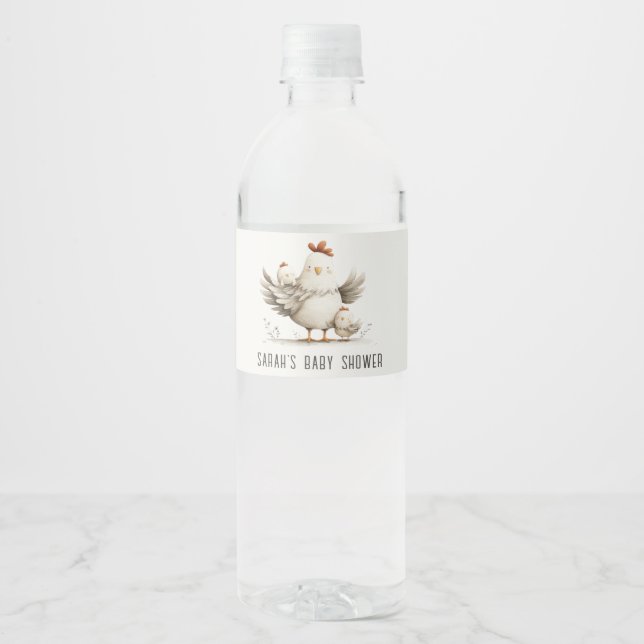 Cute Farm Mum and Baby Chick Floral Baby Shower Water Bottle Label (Front)
