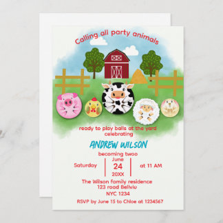 Cute Farm Party Animals Balls Birthday Invitation