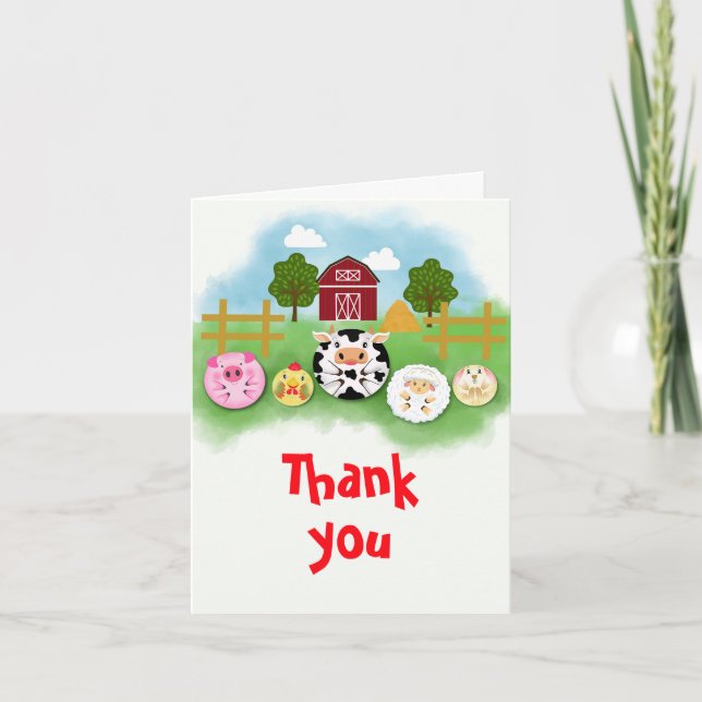 Cute Farm Party Animals Playing Balls at Barnyard Thank You Card (Front)
