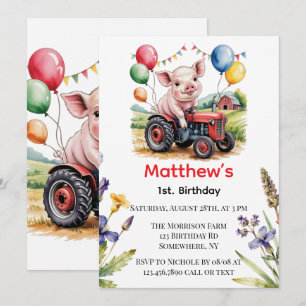 Cute Farm Pig On A Tractor 1st. Birthday Party Invitation