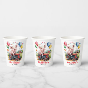 Cute Farm Pig On A Tractor 1st. Birthday Party Paper Cups