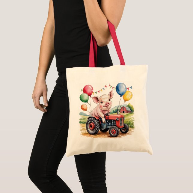 Cute Farm Pig On A Tractor 1st. Birthday Party Tote Bag (Front (Product))