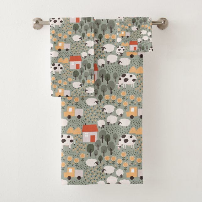 Cute Farm Scene Pattern Bath Towel Set (Insitu)