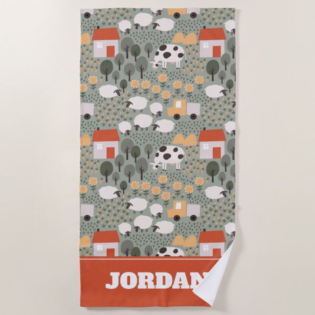 Cute Farm Scene Pattern Beach Towel (Front)