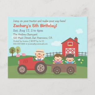 Cute Farm Tractor Kids Birthday Party Invitations
