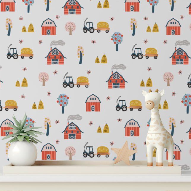 Cute Farm Tractor Red Barn Kids Pattern Wallpaper (Creator Uploaded)