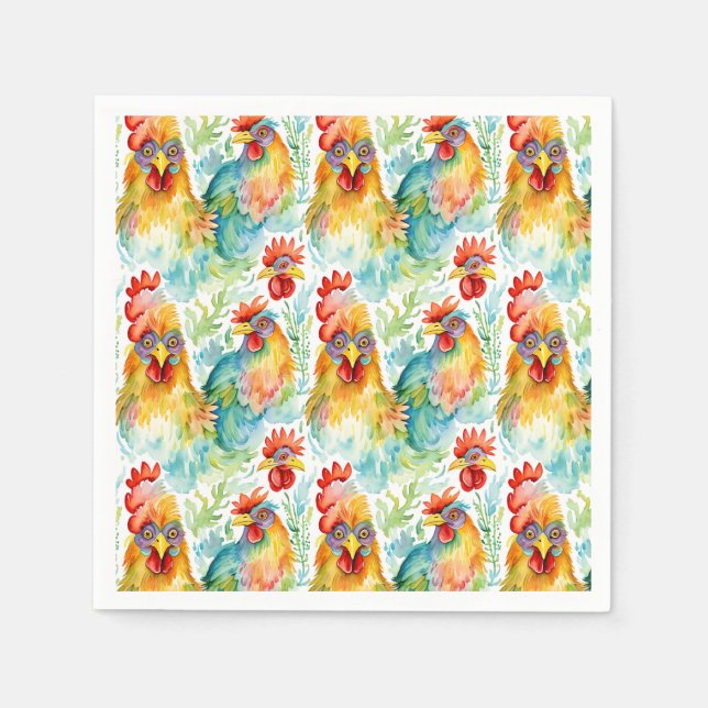 Cute Farm Watercolor Chickens Birthday Napkin (Front)