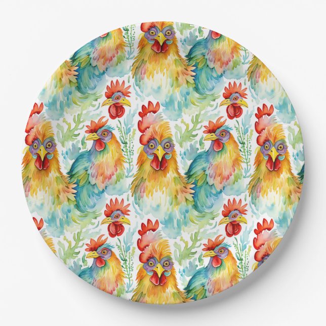 Cute Farm Watercolor Chickens Birthday Paper Plate (Front)