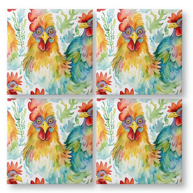 Cute Farm Watercolor Chickens Birthday Tile (Creator Uploaded)