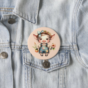 Cute Farmcore Pig in Overalls with Flowers 7.5 Cm Round Badge