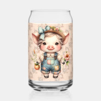 Cute Farmcore Pig in Overalls with Flowers