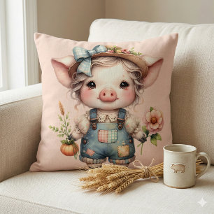 Cute Farmcore Pig in Overalls with Flowers Cushion