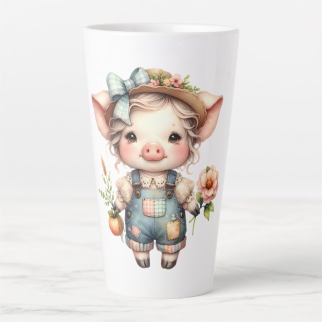 Cute Farmcore Pig in Overalls with Flowers Latte Mug (Front)