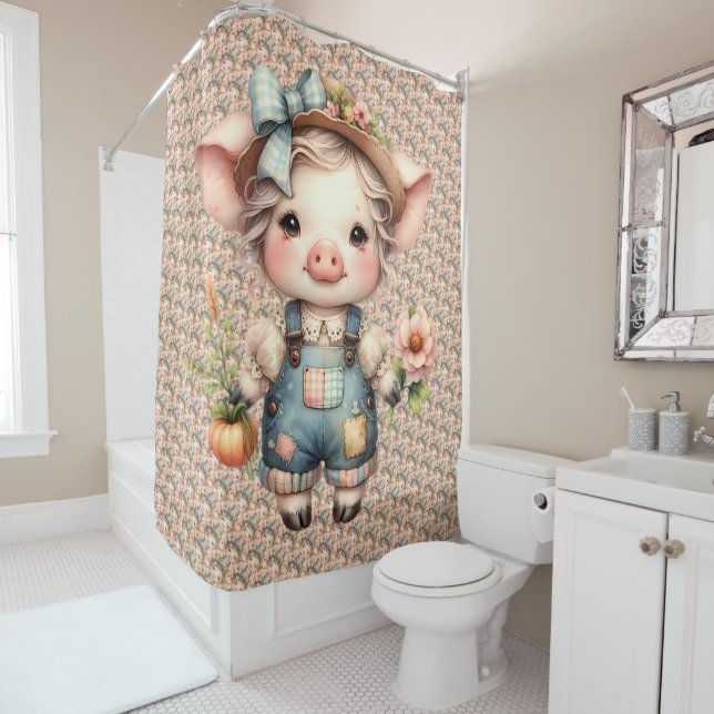 Cute Farmcore Pig in Overalls with Flowers Shower Curtain (In Situ)