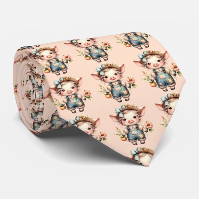 Cute Farmcore Pig in Overalls with Flowers Tie (Rolled)