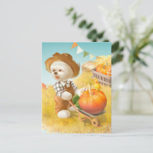 Cute Farmer Dog with Pumpkin Announcement Postcard