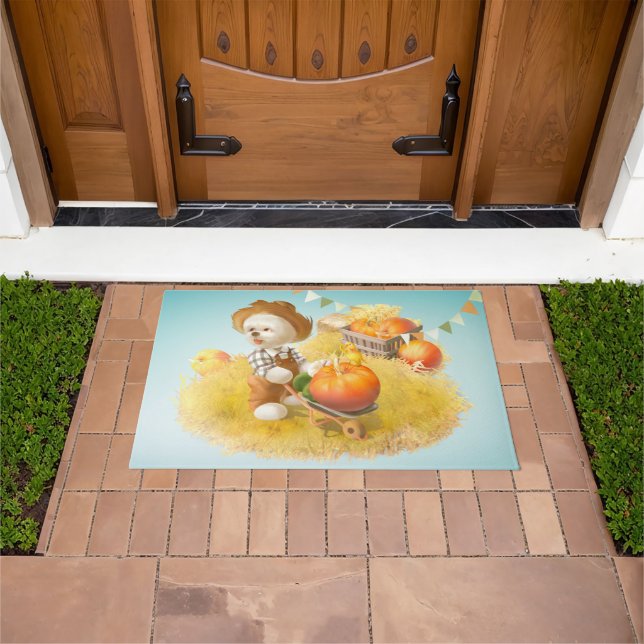 Cute Farmer Dog with Pumpkin Doormat (Outdoor)