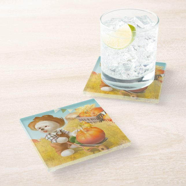 Cute Farmer Dog with Pumpkin Glass Coaster (Angled)