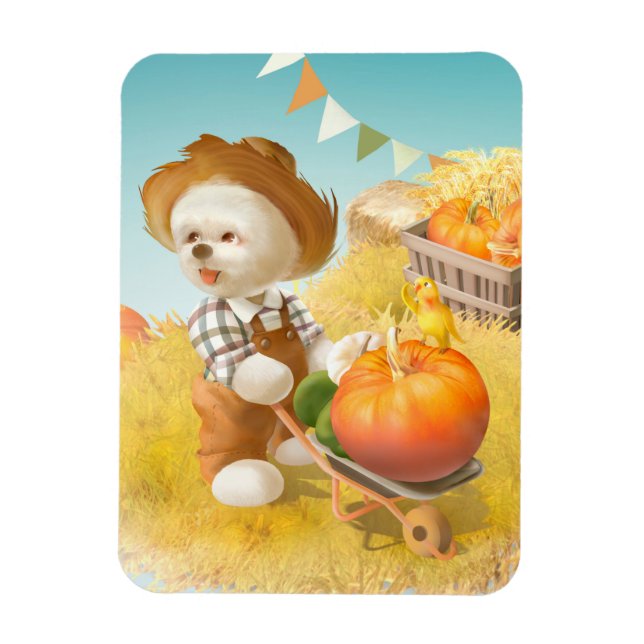 Cute Farmer Dog with Pumpkin Magnet (Vertical)