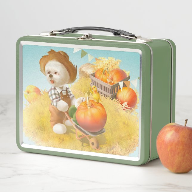 Cute Farmer Dog with Pumpkin Metal Lunch Box (In Situ)