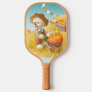 Cute Farmer Dog with Pumpkin Pickleball Paddle