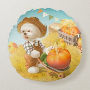 Cute Farmer Dog with Pumpkin Round Cushion