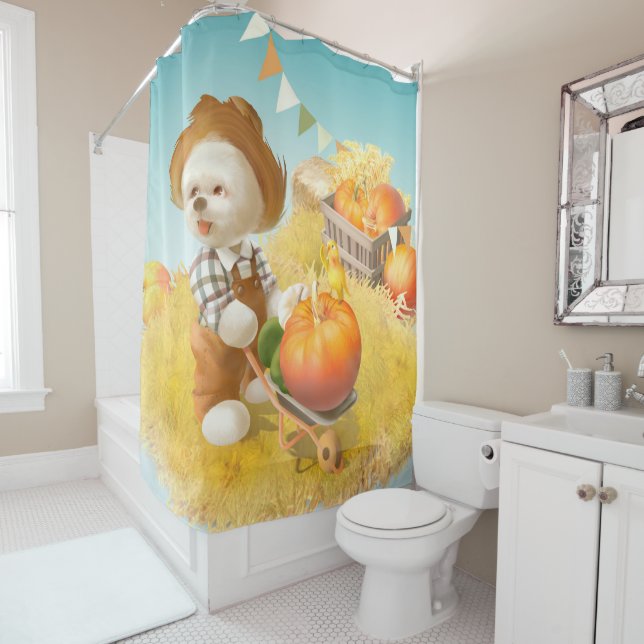 Cute Farmer Dog with Pumpkin Shower Curtain (In Situ)