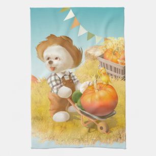 Cute Farmer Dog with Pumpkin Tea Towel