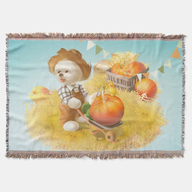 Cute Farmer Dog with Pumpkin Throw Blanket (Front)