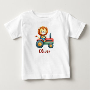 Cute Farmer Lion on a Red and Green Tractor Baby T-Shirt