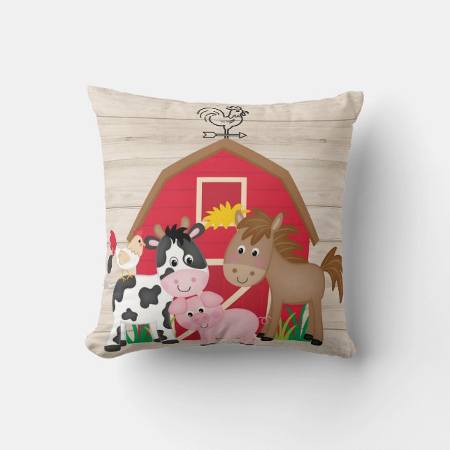 Cute Farmhouse Animals Red Barn Kids Nursery Cushion (Front)