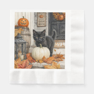 Cute Farmhouse Black Cat and Pumpkin Halloween Napkin