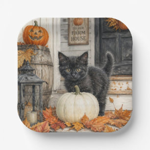 Cute Farmhouse Black Cat and Pumpkin Halloween Paper Plate
