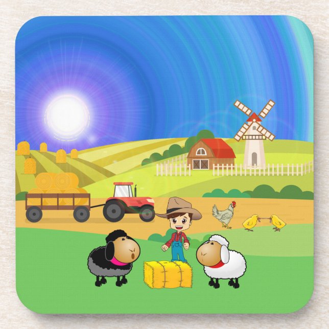 Cute Farmhouse, Sheep, and Chicks plastic coaster (Front)