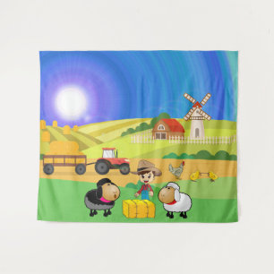 Cute Farmhouse, Sheep, and Chicks Tapestry