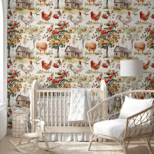 Cute Farmyard Chickens Hen House Apple Trees Wallpaper
