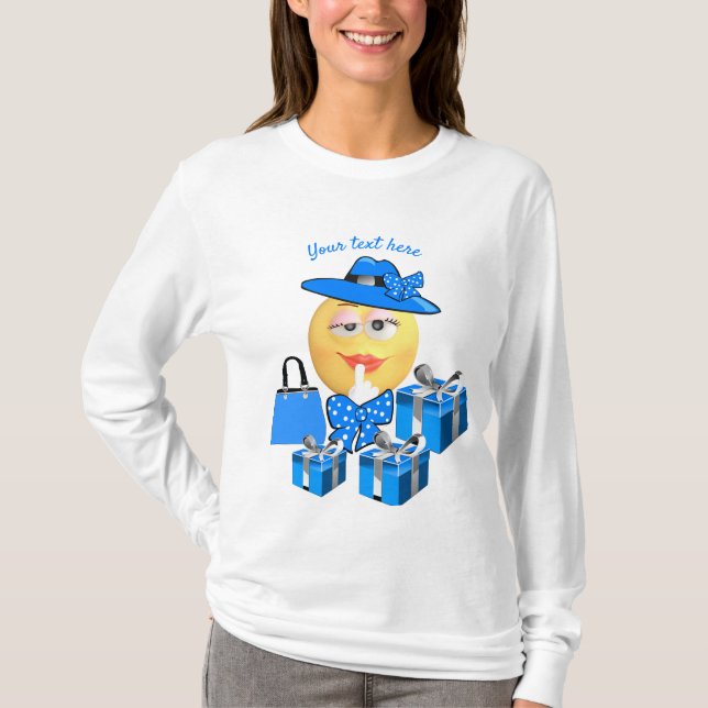 Cute Fashion Emoji in Blue with Shopping T-Shirt (Front)