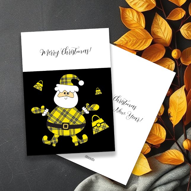 Cute Fashion Yellow Tartan Santa With Purse Holiday Card (Creator Uploaded)