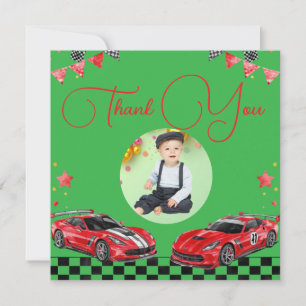Cute Fast One Red and Black Race Car 1st Birthday  Thank You Card