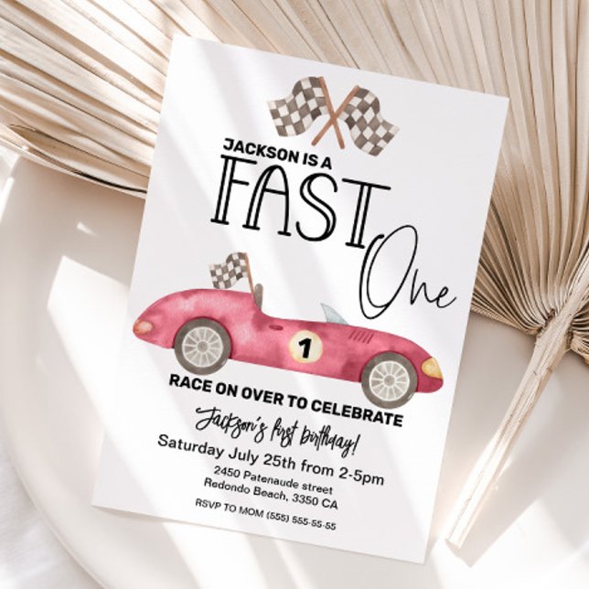 Cute FAST ONE Red Race car 1st birthday  Invitation (Fast one birthday invitation, red race car, 1st birthday)