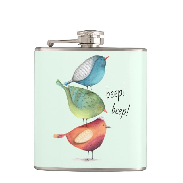 Cute Fat Birds Standing on Each Other Hip Flask (Front)