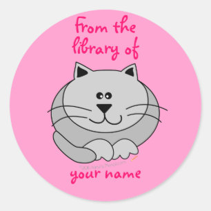 Cute Fat Cat Pink Personalised Kids Bookplates Classic Round Sticker