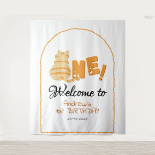 Cute Fat Orange Cat 1st Birthday Backdrop Tapestry