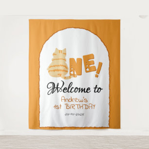 Cute Fat Orange Cat 1st Birthday Backdrop Tapestry