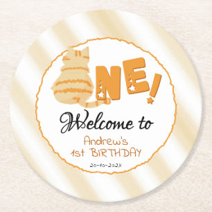 Cute Fat Orange Cat 1st Birthday Round Paper Coaster