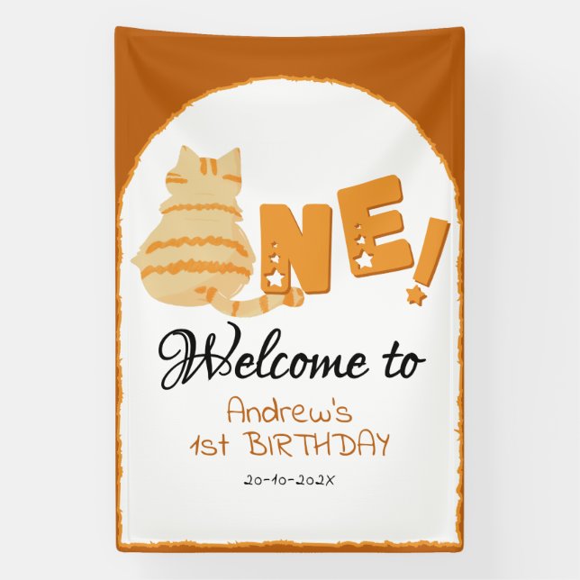 Cute Fat Orange Cat 1st Birthday Welcome Banner (Vertical)