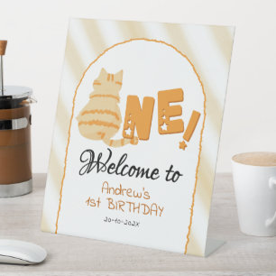 Cute Fat Orange Cat 1st Birthday Welcome Pedestal Sign